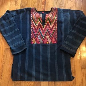 Vintage Cotton Denim Handmade Guatemalan Embroidered Art Tunic